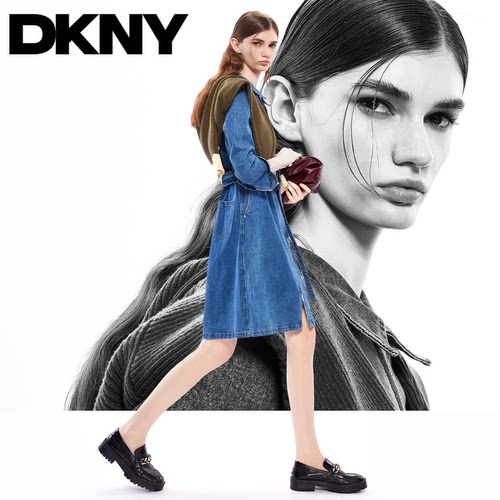 DKNY唐可娜儿春季女士双头拉链经典款水洗牛仔连衣裙含腰带设计感
