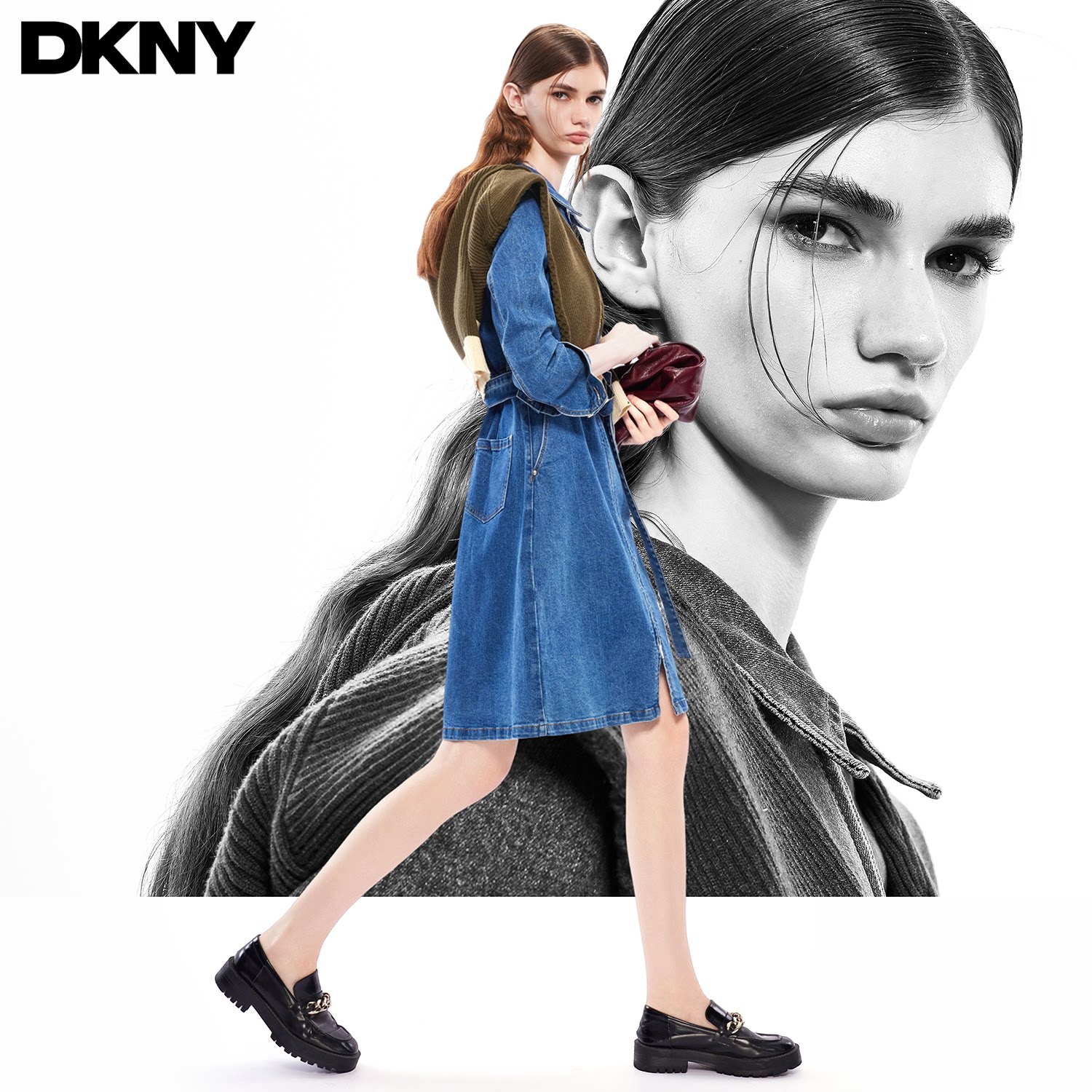 DKNY唐可娜儿春季女士双头拉链经典款水洗牛仔连衣裙含腰带设计感