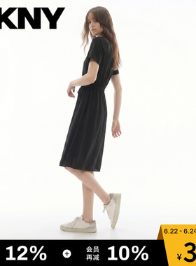 DKNY唐可娜儿26夏季新款短袖连衣裙女半开襟短袖收腰休闲时尚黑色
