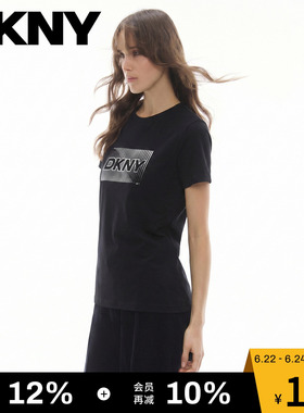 DKNY唐可娜儿26夏季新款短袖T恤女圆领黑色烫银设计上衣简约休闲
