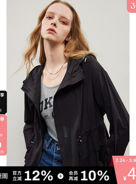 DKNY唐可娜儿秋季纯黑色百搭时尚气质风户外轻薄连帽外套女上衣