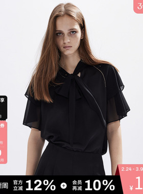 DKNY唐可娜儿夏季女士垂感拼接双层雪纺花瓣袖设计感短袖衬衫时尚