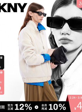 DKNY唐可娜儿秋冬女装保暖时尚仿羊羔绒翻领罗纹休闲上衣外套潮流