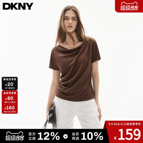 【莱赛尔羊毛】DKNY唐可娜儿美式荡领短袖T恤女夏季修身慵懒上衣