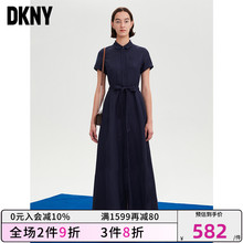 DKNY亚麻混纺透气LOGO刺绣大裙摆短袖系腰带连衣裙气质显瘦