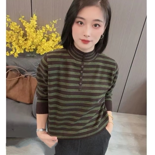 2025洋气条纹半高领宽松毛衣针织衫秋冬新款气质减龄百搭显瘦打底