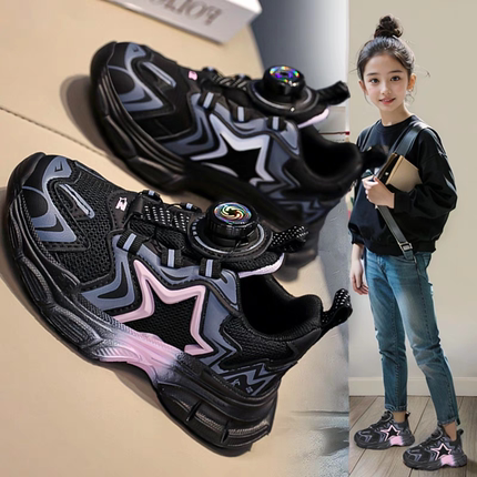 女童鞋子夏季2025新款潮牌儿童运动鞋黑色旋转纽扣网红老爹鞋女孩