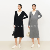 气质简约大V领假两件连衣裙 时尚 SELLYNEAR孕妇装 秋冬连衣裙新款