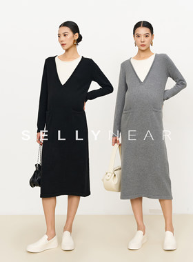 SELLYNEAR孕妇装秋冬连衣裙新款时尚气质简约大V领假两件连衣裙