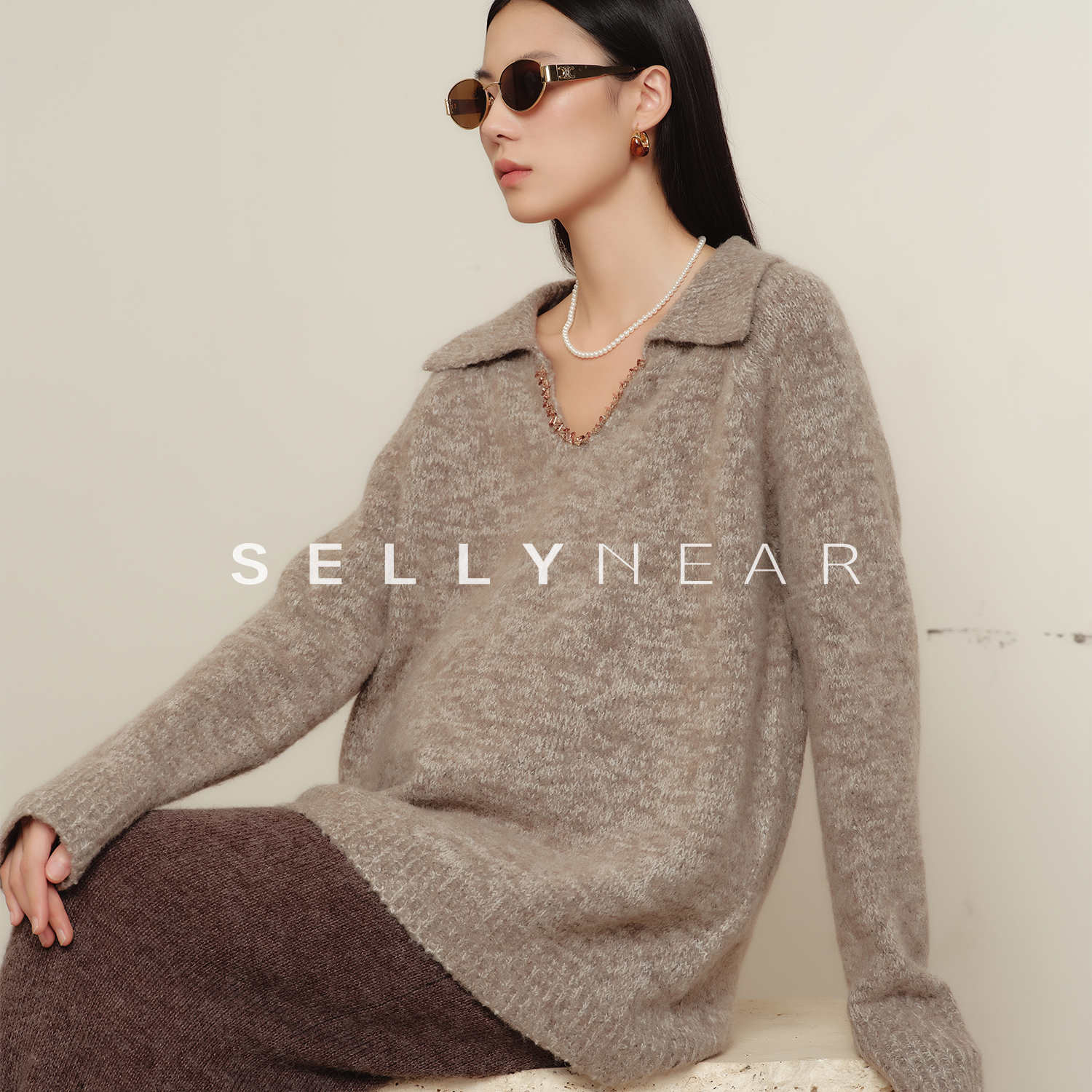 SELLYNEAR孕妇毛衣冬季2025新款时尚宽松长袖法式复古老钱v领上衣