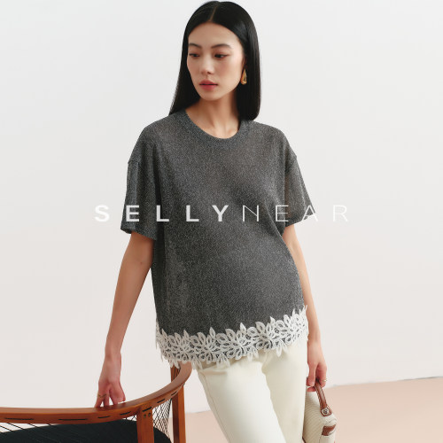 SELLYNEAR孕妇装夏短袖上衣2026新款时尚蕾丝拼接弹力针织孕期T恤