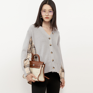式 SELLYNEAR孕妇秋款 格纹针梭相拼V领开衫 外穿长袖 上衣 上衣时尚