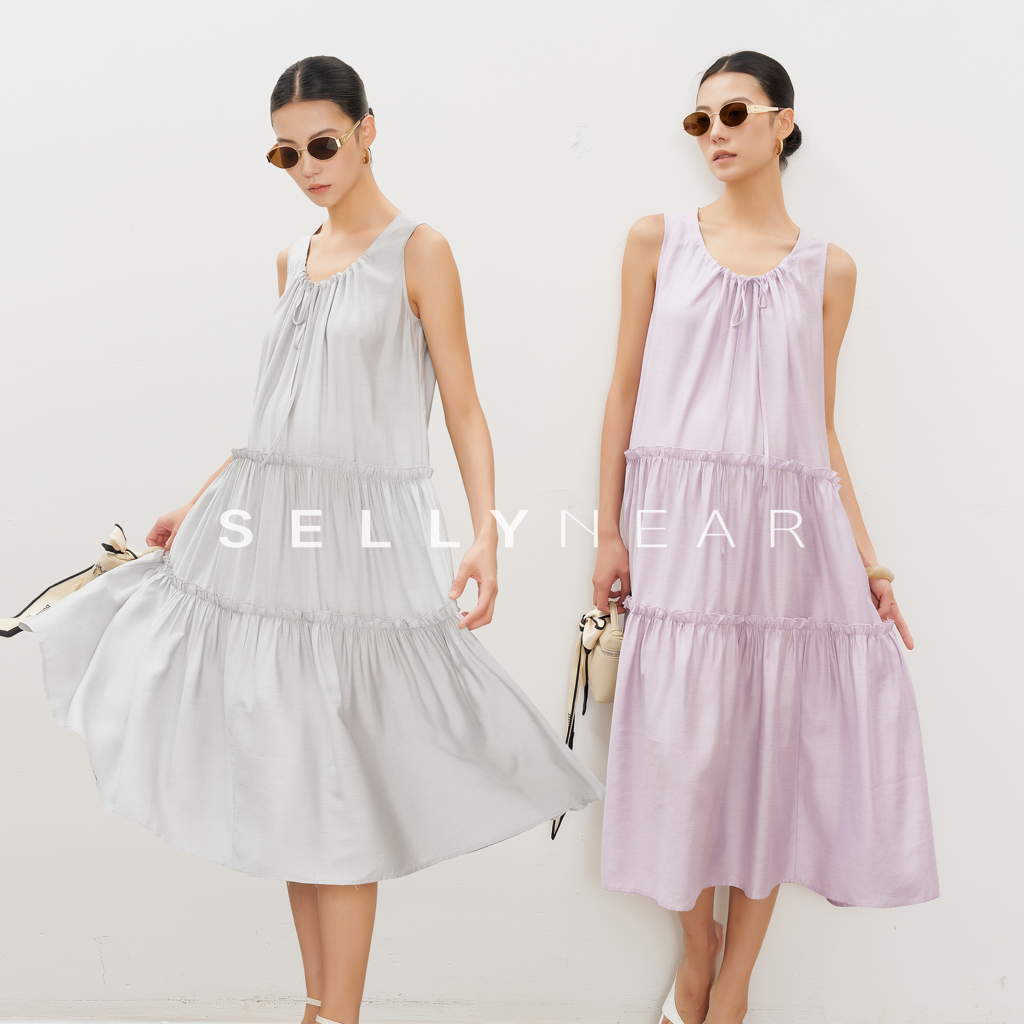 SELLYNEAR孕妇装2025新款夏连衣裙时尚抽褶荷叶边A摆无袖背心裙
