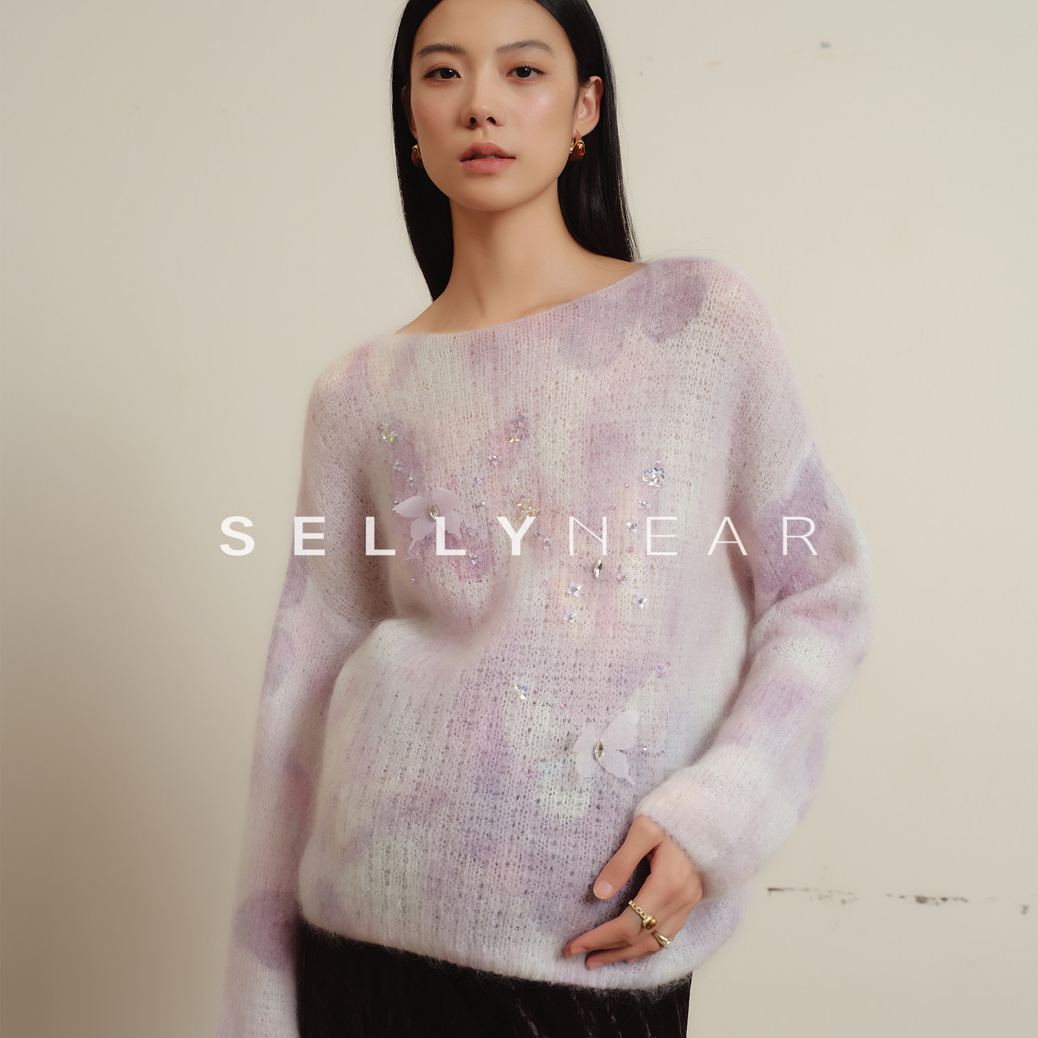 SELLYNEAR孕妇宽松毛衣2025新款手工钉珠晕染温柔马海毛冬装上衣
