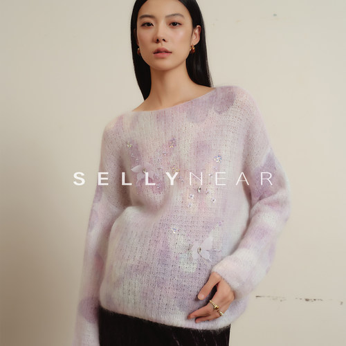 SELLYNEAR孕妇宽松毛衣时尚重工手工钉珠晕染温柔马海毛冬装上衣