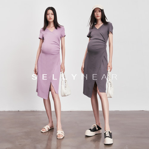 SELLYNEAR孕妇装夏季新款连衣裙时尚修身显瘦V领高弹针织哺乳裙