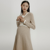SELLYNEAR孕妇连衣裙秋冬新款 外穿奶油燕麦色小香针织哺乳裙 时尚