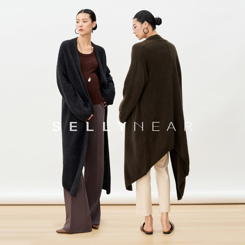 SELLYNEAR孕妇2025新秋冬长款开衫时尚简约慵懒羊毛绒感针织开衫