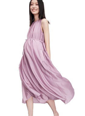 SELLYNEAR孕妇夏装连衣裙新款时尚丝滑宽松法式优雅A摆紫色背心裙