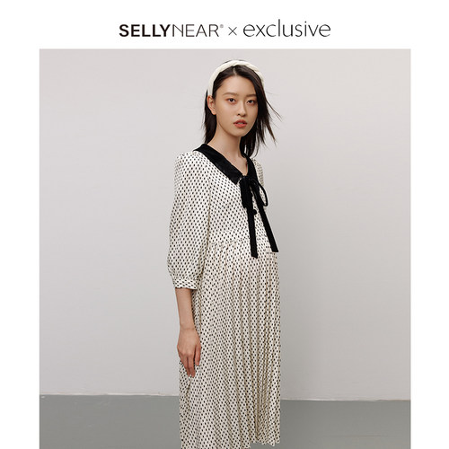 SELLYNEAR米色波点百褶连衣裙