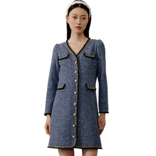 SELLYNEAR孕妇装春秋款时尚优雅撞色中长款宽松小香风织带连衣裙