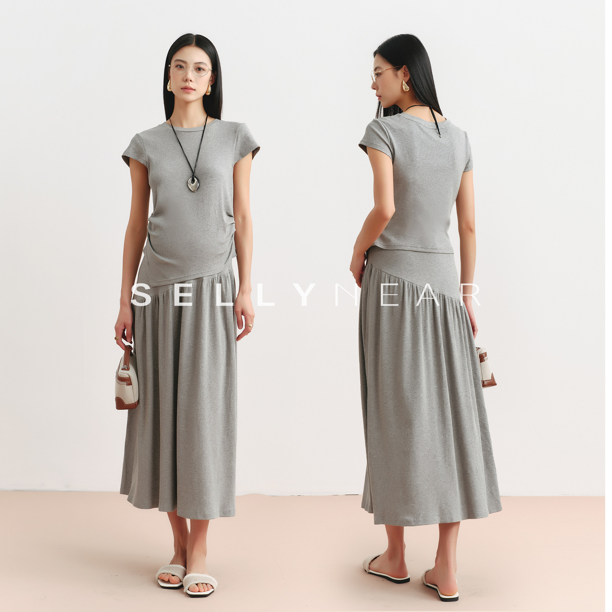 SELLYNEAR孕妇高级感穿搭套装夏季新款时尚洋气孕期T恤半裙两件套图片