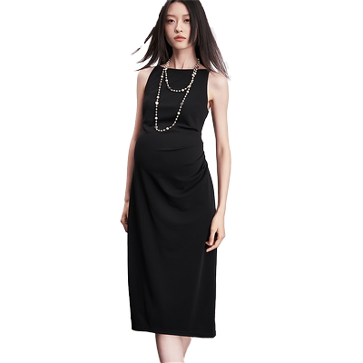 两色优雅弹力抽皱连衣裙