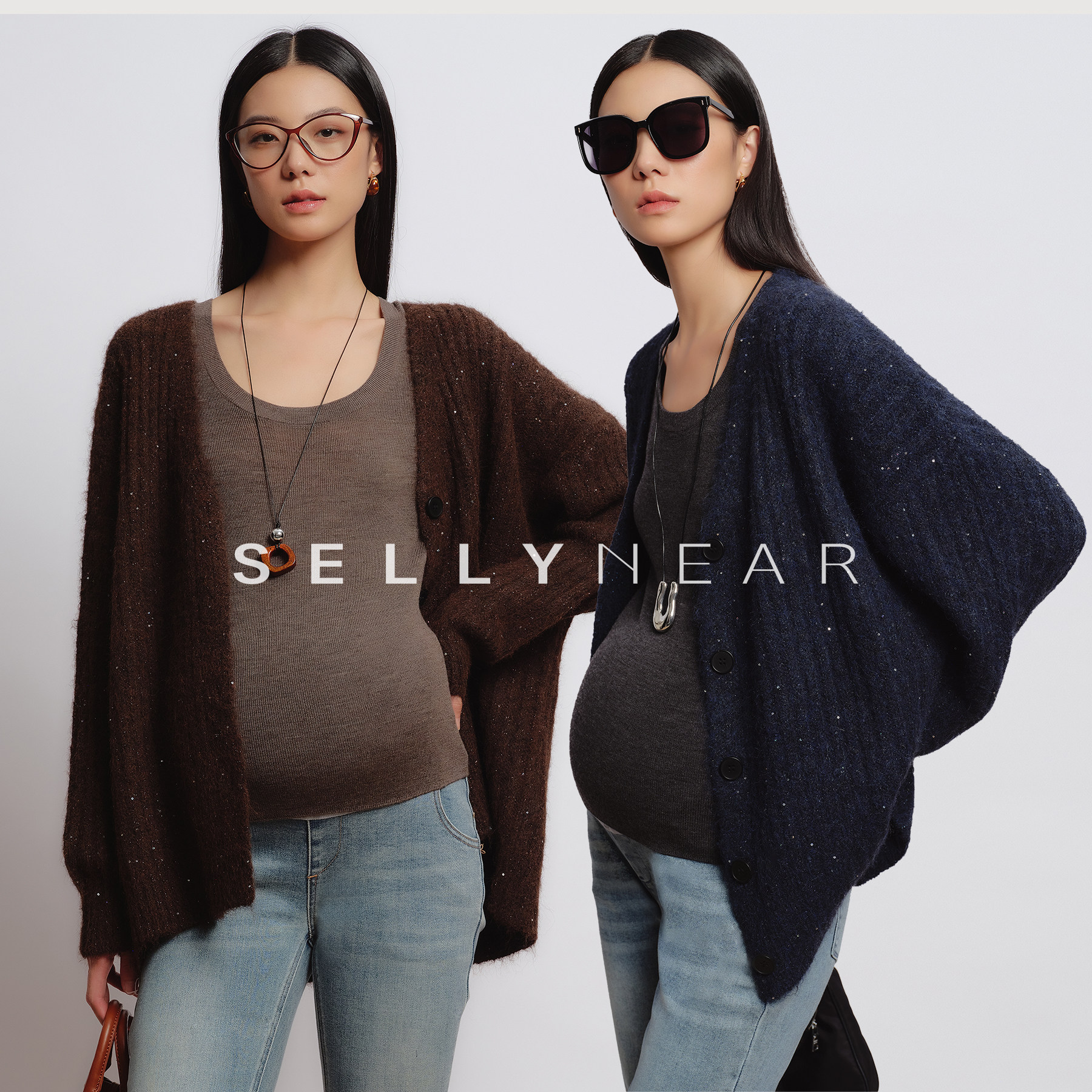 SELLYNEAR孕妇装秋冬新款针织开衫时尚亮丝宽松V领廓形慵懒风上衣