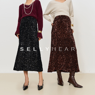 SELLYNEAR孕妇半身裙秋冬季新款钻石感丝绒亮片高腰无托腹短裙
