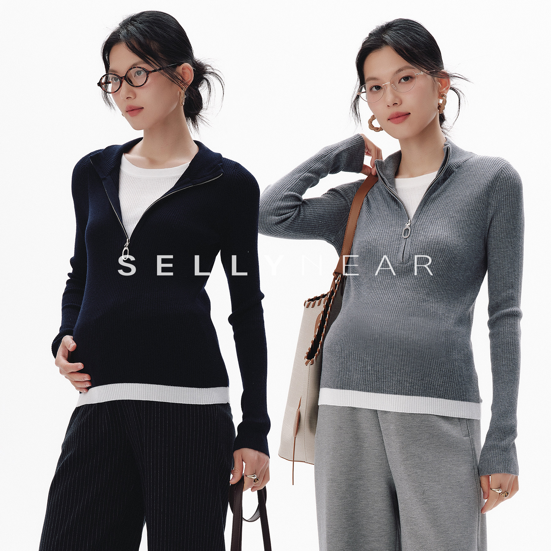 SELLYNEAR假两件立领拉链针织衫图片