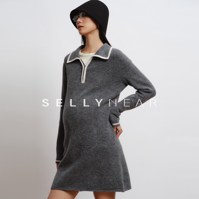 SELLYNEAR孕妇装连衣裙2025新款冬装时尚中长款海军领毛衣裙子冬