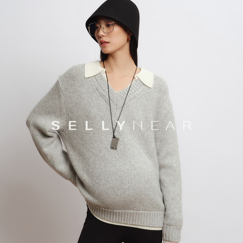 SELLYNEAR孕妇毛衣冬外穿新款时尚假两件撞色宽松高级感孕期上衣