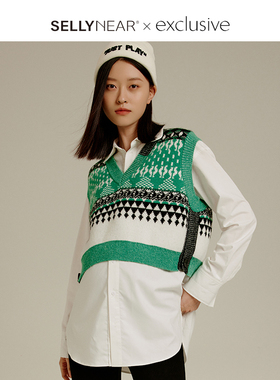 SELLYNEAR孕妇马甲外套春秋款时尚森绿色民族风图腾针织背心外穿