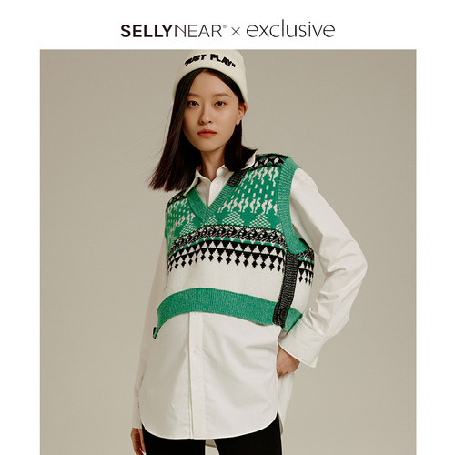 SELLYNEAR孕妇马甲外套春秋款时尚森绿色民族风图腾针织背心外穿 - 封面