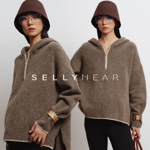 SELLYNEAR孕妇毛衣冬外穿加厚2025新款时尚宽松连帽绒感勾边毛衣