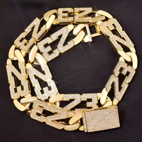 Gold and Silver 23 Cuban Chain Necklace, European and American Style, Personalized Clavicle Chain, Trendy Cross-Border Full Diamond Light Luxury High-End Diamond-Encrusted Accessory