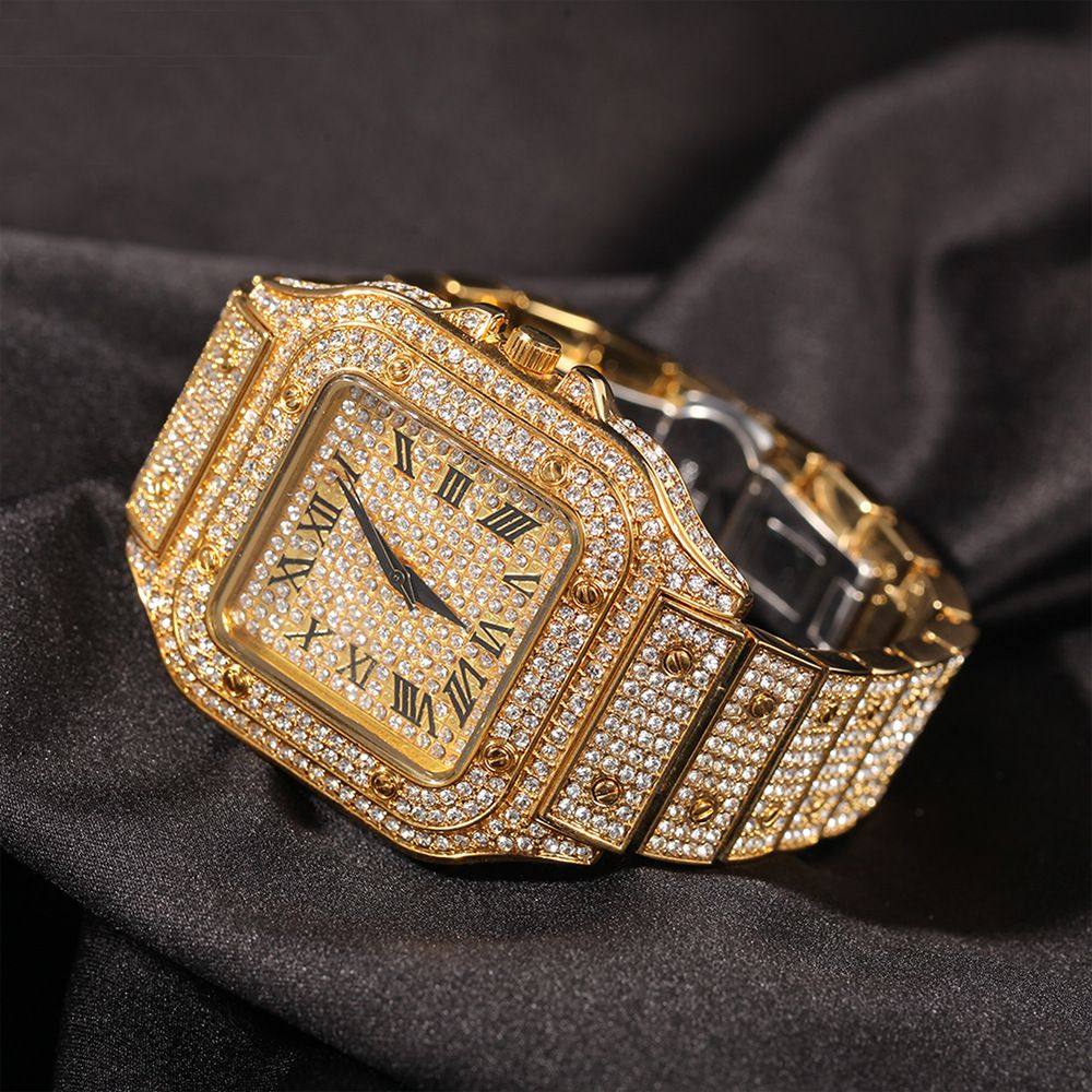 欧美嘻哈罗马刻度石英钻表 时尚hiphop满钻方形表盘男士手表潮