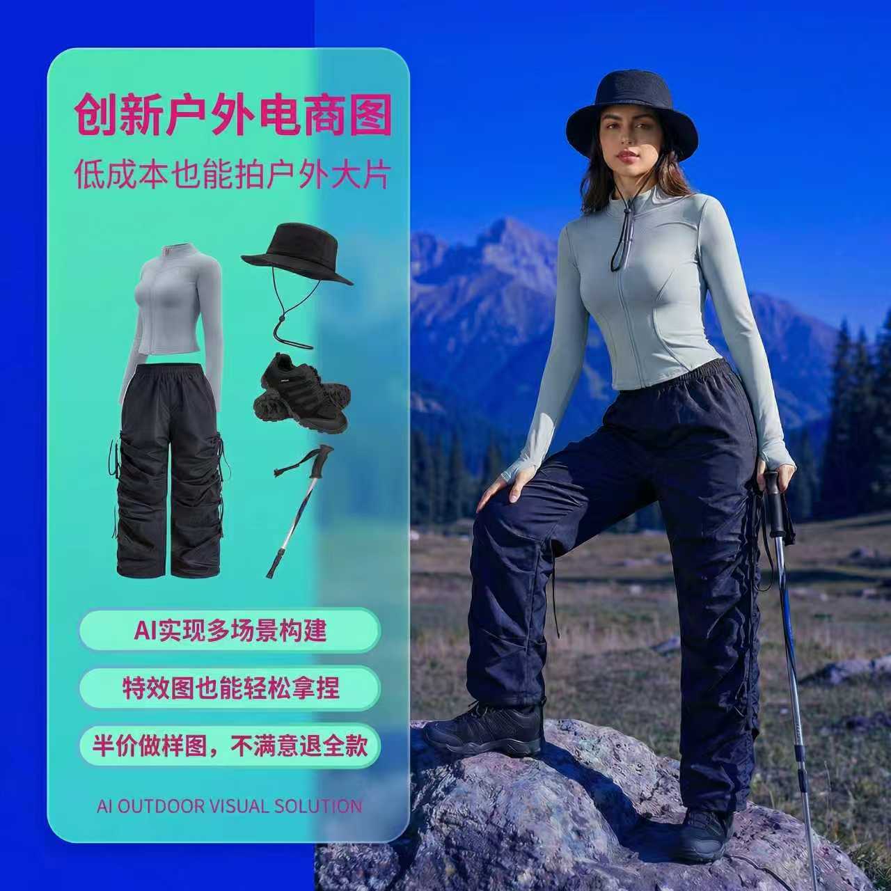AI真人模特户外拍摄徒步滑雪冲平面广告设计