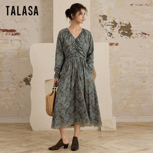 TALASA商场同款纯棉印花连衣裙2025秋新款褶皱设计显瘦优雅礼服裙