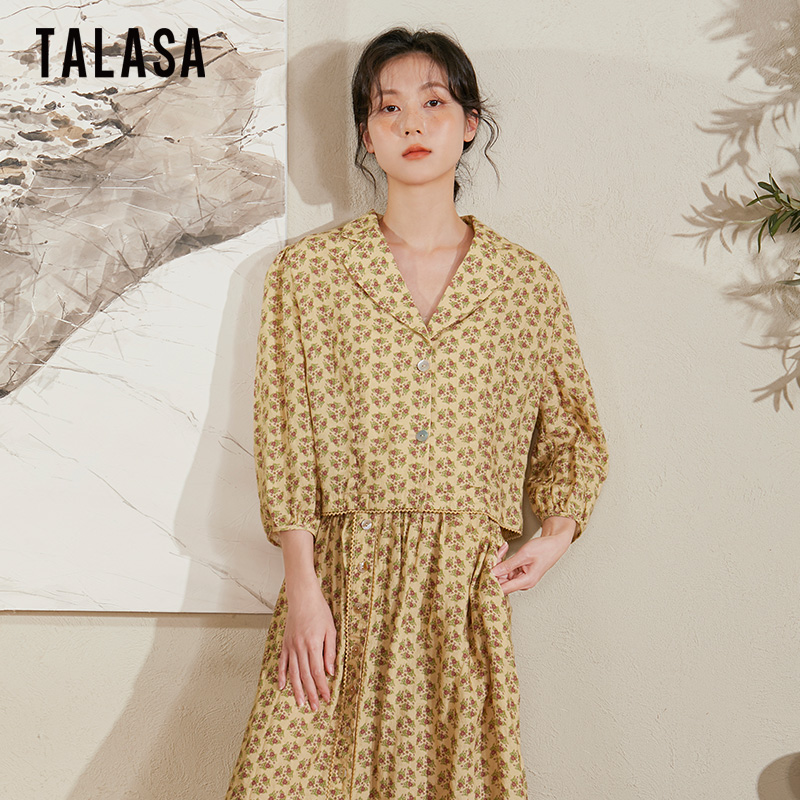 TALASA设计感时尚短外套亚麻印花