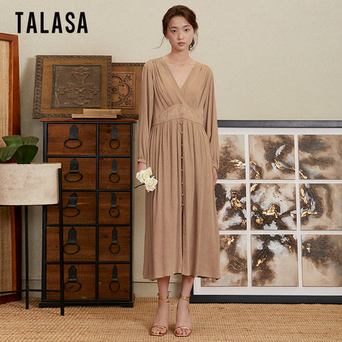 TALASA优雅礼服裙刺绣V领收腰