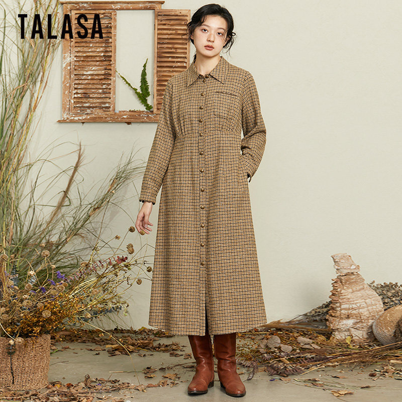 TALASA纯棉复古格子衬衫连衣裙2025年冬新款文艺复古时尚百搭长裙,女装/女士精品,连衣裙,淘宝优惠券,粉丝福利购,淘宝优惠卷