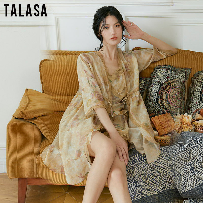 TALASA居家一公里家居服外套女2026年夏新款丝棉印花系带宽松睡衣