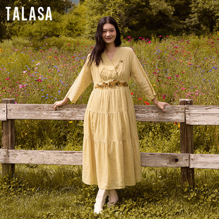 TALASA商场同款苎麻早春连衣裙25年新款中式刺绣设计拼接收腰显瘦
