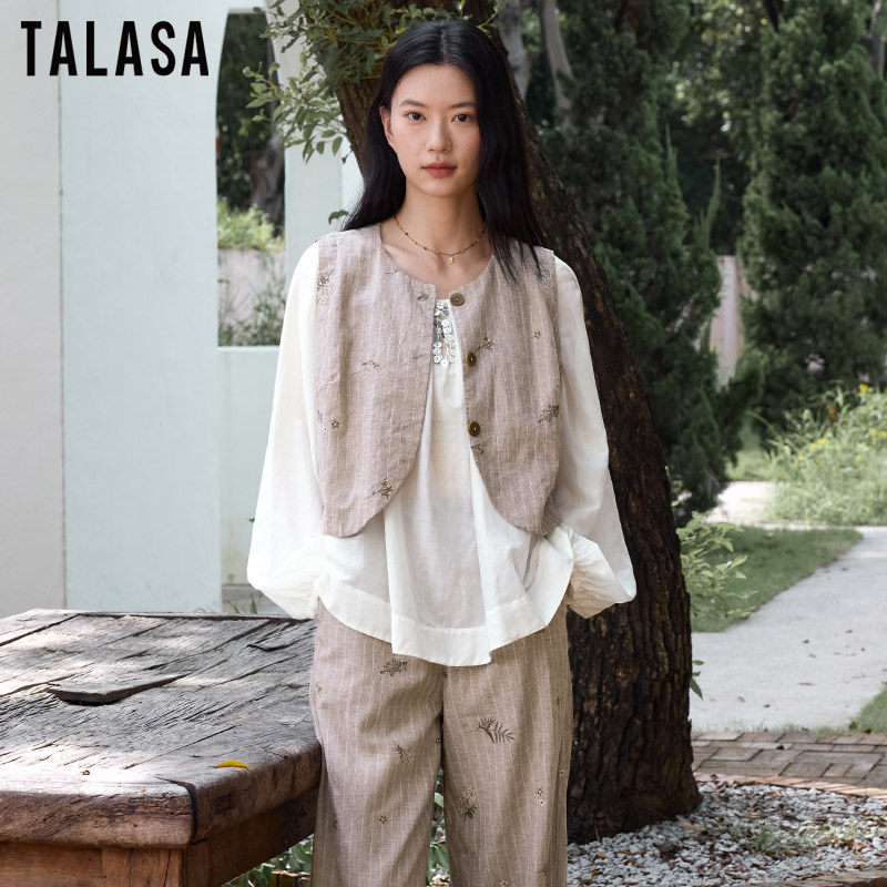 TALASA商场同款苎麻刺绣马甲女2026年春夏新款英伦复古修身百搭