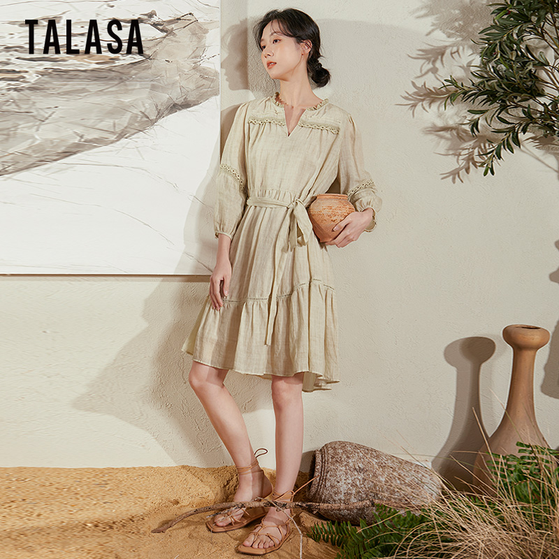 TALASA苎麻连衣裙2025年夏新款不规则花边拼接炒色工艺设计感中裙