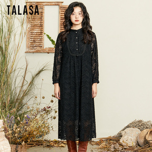TALASA商场同款设计感羽毛纱蕾丝连衣裙2024年秋新款优雅衬衫长裙