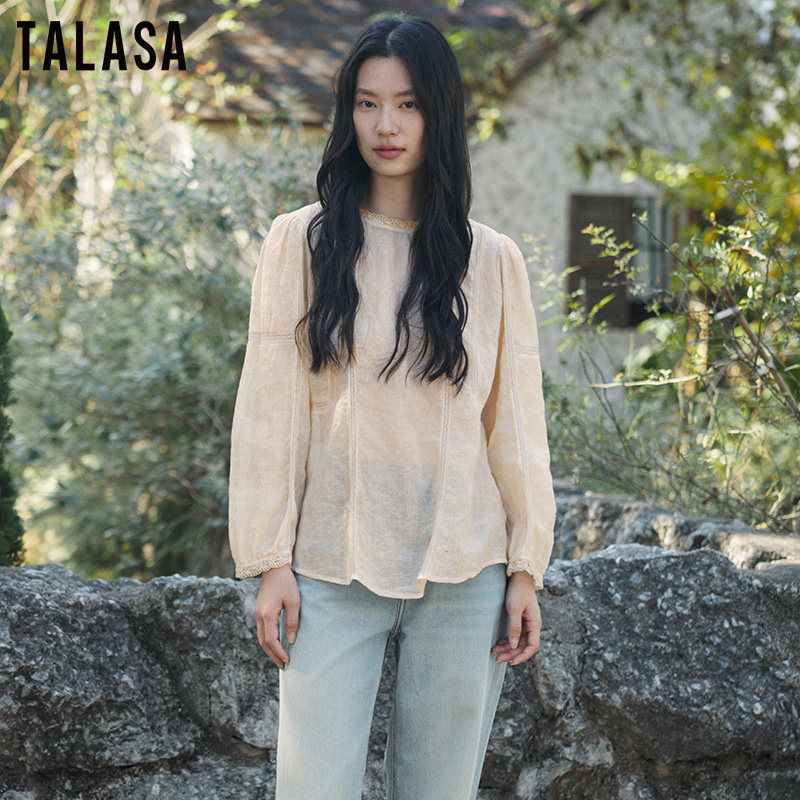 TALASA苎麻100%长袖小衫女2026年夏新款复古刺绣蕾丝花边宽松百搭