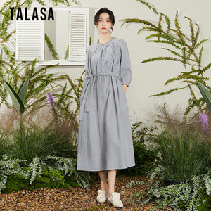 TALASA纯棉刺绣不对称设计连衣裙2026年春夏新款复古文艺气质长裙