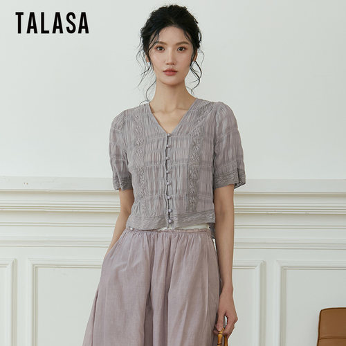 TALASA短袖T恤薄款拼接褶皱设计